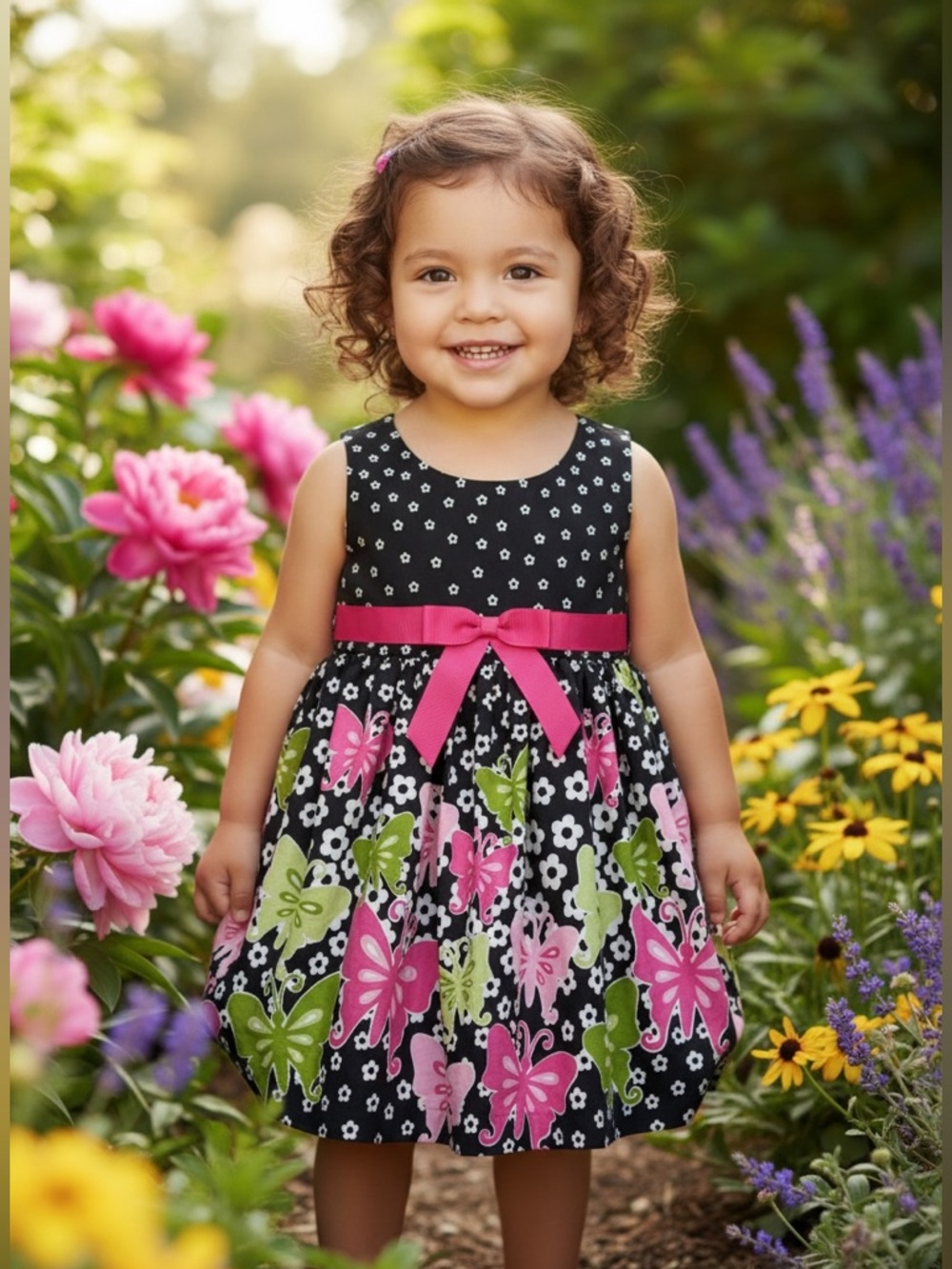 Ashley Ann Black Dress with Pink Bow and Green Butterfly Print Girl 12 Months